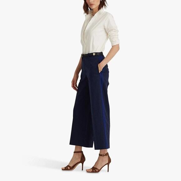 Lauren Ralph Lauren Women Navy Cotton Side Stripe Cropped Trousers Size US 10 - Picture 1 of 6